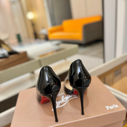 CHRISTIAN LOUBOUTIN 26S CUTOUT SIDE PUMP HEELS 105 MM IN BLACK PATENT CALFSKIN