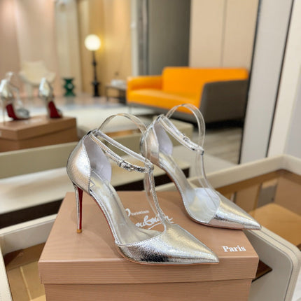 CHRISTIAN LOUBOUTIN 26S T-STRAP HIGH HEELS 105 MM IN SILVER CALFSKIN