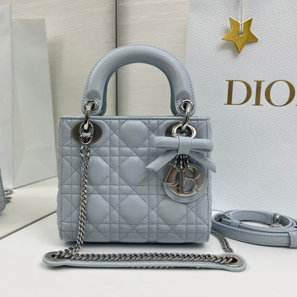 DIOR 26S MINI LADY DIOR BAG 17 IN BABY BLUE CALFSKIN SILVER HARDWARE