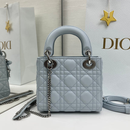 DIOR 26S MINI LADY DIOR BAG 17 IN BABY BLUE CALFSKIN SILVER HARDWARE