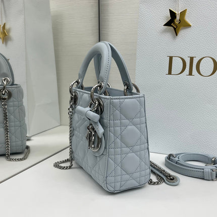 DIOR 26S MINI LADY DIOR BAG 17 IN BABY BLUE CALFSKIN SILVER HARDWARE