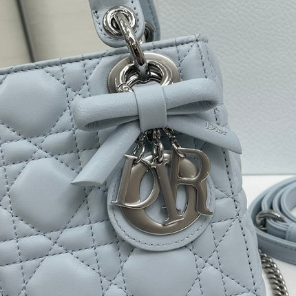 DIOR 26S MINI LADY DIOR BAG 17 IN BABY BLUE CALFSKIN SILVER HARDWARE