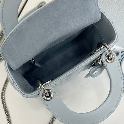 DIOR 26S MINI LADY DIOR BAG 17 IN BABY BLUE CALFSKIN SILVER HARDWARE