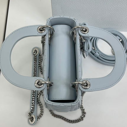 DIOR 26S MINI LADY DIOR BAG 17 IN BABY BLUE CALFSKIN SILVER HARDWARE