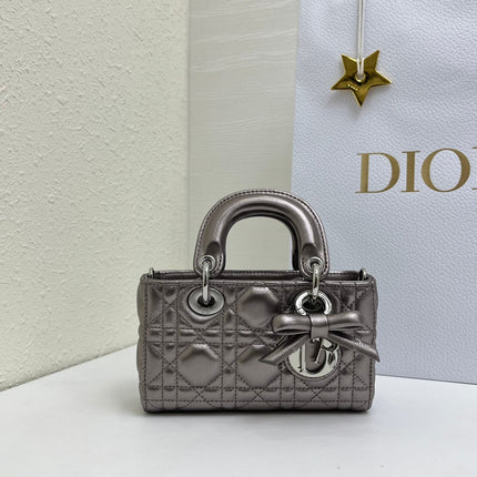 DIOR 26S LADY D-JOY MICRO BAG 16 IN METALLIC GUNMETAL GRAY CALFSKIN SILVER HARDWARE