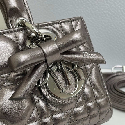 DIOR 26S LADY D-JOY MICRO BAG 16 IN METALLIC GUNMETAL GRAY CALFSKIN SILVER HARDWARE