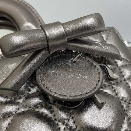 DIOR 26S LADY D-JOY MICRO BAG 16 IN METALLIC GUNMETAL GRAY CALFSKIN SILVER HARDWARE