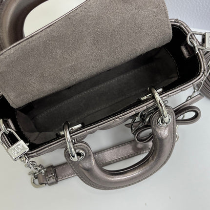 DIOR 26S LADY D-JOY MICRO BAG 16 IN METALLIC GUNMETAL GRAY CALFSKIN SILVER HARDWARE