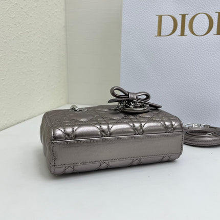 DIOR 26S LADY D-JOY MICRO BAG 16 IN METALLIC GUNMETAL GRAY CALFSKIN SILVER HARDWARE