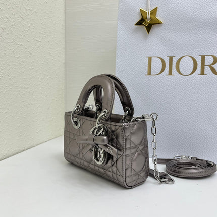 DIOR 26S LADY D-JOY MICRO BAG 16 IN METALLIC GUNMETAL GRAY CALFSKIN SILVER HARDWARE