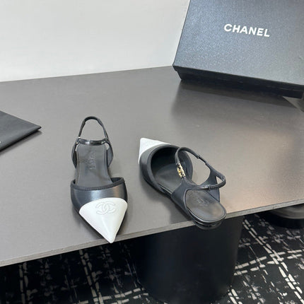 CHANEL 26S FLAT POINTED-TOE SLINGBACKS  IN BLACK AND WHITE LAMBSKIN