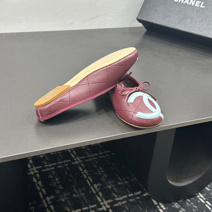 CHANEL 26S BALLET FLATS IN DARK RED CALFSKIN WITH WHITE CC LOGO