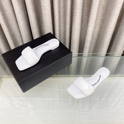 VY SLIDE SANDAL IN WHITE WOVEN RAFFIA STRAP AND CALFSKIN