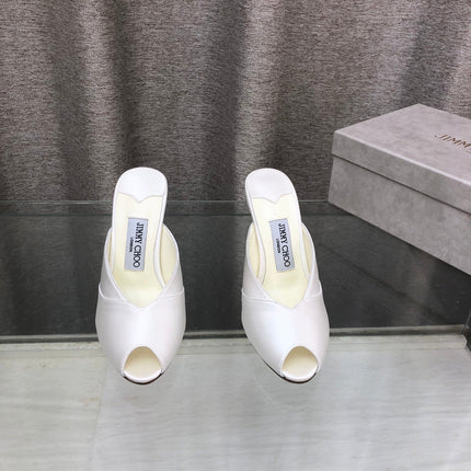 JIMMY CHOO 26S OPEN TOE HEEL MULES 100 MM IN OFF WHITE SATIN