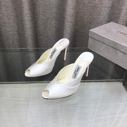 JIMMY CHOO 26S OPEN TOE HEEL MULES 100 MM IN OFF WHITE SATIN