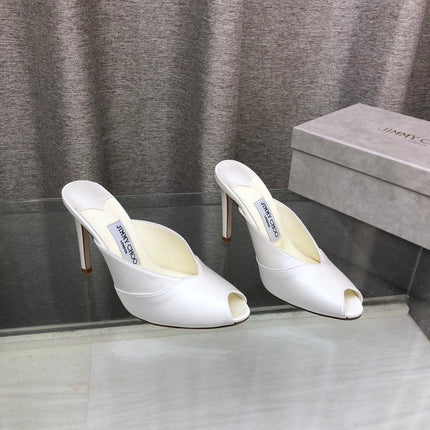 JIMMY CHOO 26S OPEN TOE HEEL MULES 100 MM IN OFF WHITE SATIN