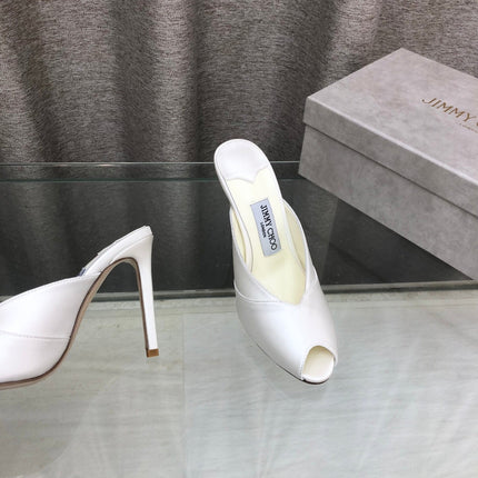 JIMMY CHOO 26S OPEN TOE HEEL MULES 100 MM IN OFF WHITE SATIN