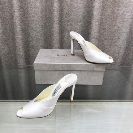 JIMMY CHOO 26S OPEN TOE HEEL MULES 100 MM IN OFF WHITE SATIN