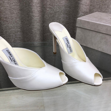 JIMMY CHOO 26S OPEN TOE HEEL MULES 100 MM IN OFF WHITE SATIN