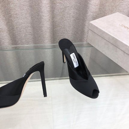 JIMMY CHOO 26S OPEN TOE HEEL MULES 100 MM IN BLACK SATIN