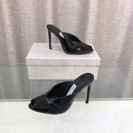 JIMMY CHOO 26S OPEN TOE HEEL MULES 100 MM IN BLACK GLOSSY CALFSKIN