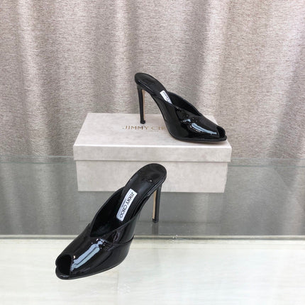 JIMMY CHOO 26S OPEN TOE HEEL MULES 100 MM IN BLACK GLOSSY CALFSKIN