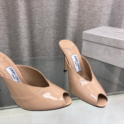 JIMMY CHOO 26S OPEN TOE HEEL MULES 100 MM IN BEIGE GLOSSY CALFSKIN