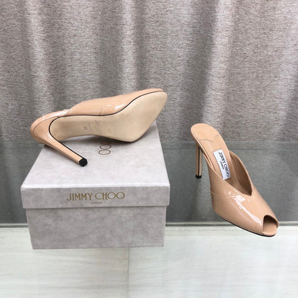 JIMMY CHOO 26S OPEN TOE HEEL MULES 100 MM IN BEIGE GLOSSY CALFSKIN