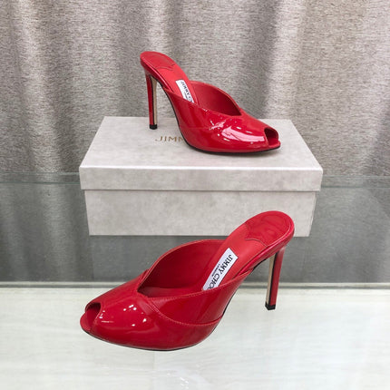 JIMMY CHOO 26S OPEN TOE HEEL MULES 100 MM IN RED GLOSSY CALFSKIN