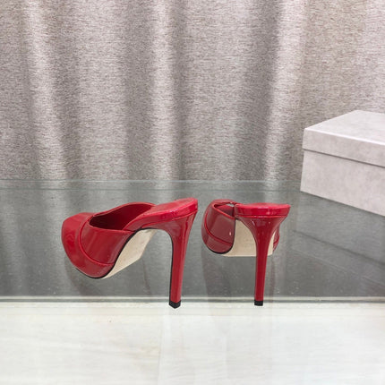 JIMMY CHOO 26S OPEN TOE HEEL MULES 100 MM IN RED GLOSSY CALFSKIN