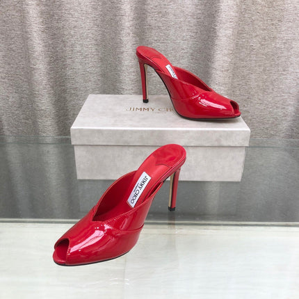 JIMMY CHOO 26S OPEN TOE HEEL MULES 100 MM IN RED GLOSSY CALFSKIN