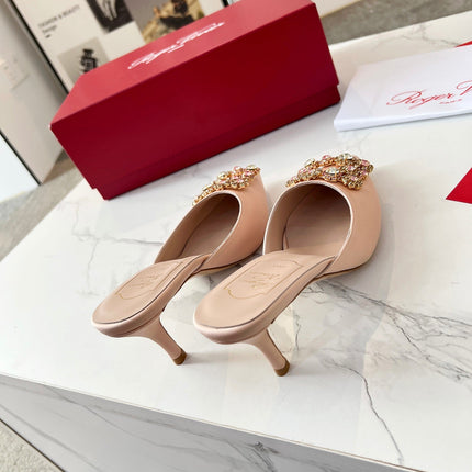 EFFLORESCENCE MULES IN LIGHT FAWN SATIN