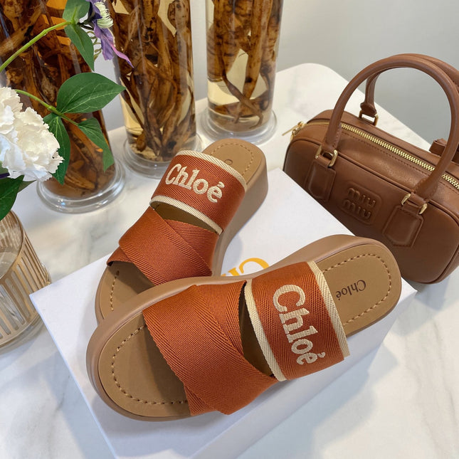 WOODY WEDGE SANDALS IN BRONZE BROWN CANVAS WITH CIDER BROWN RUBBER SOLE