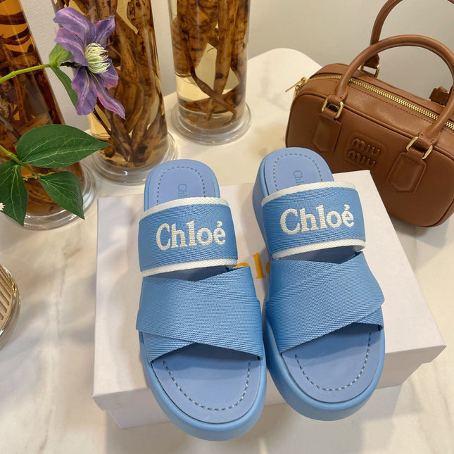WOODY WEDGE SANDALS IN CERULEAN BLUE CANVAS WITH RUBBER SOLE