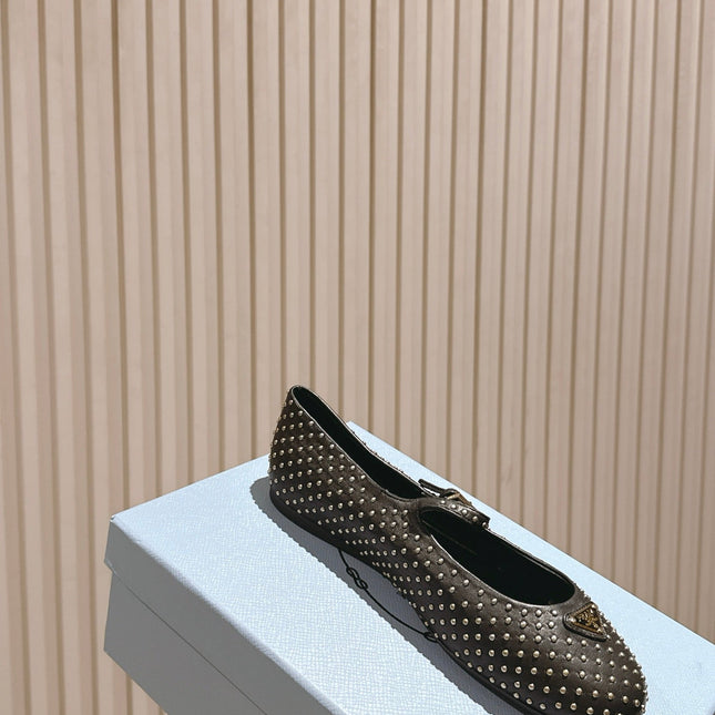 PRADA 25S STUD EMBELLISHED BALLERINA IN BLACK CALFSKIN
