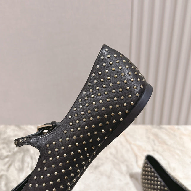 PRADA 25S STUD EMBELLISHED BALLERINA IN BLACK CALFSKIN