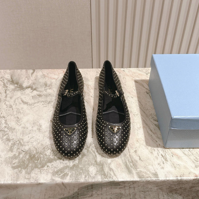 PRADA 25S STUD EMBELLISHED BALLERINA IN BLACK CALFSKIN