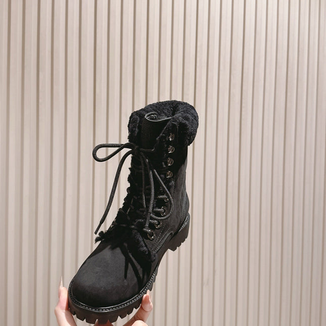 CELINE 25S KURT LACE UP MID BOOT IN BLACK FULL SUEDE AND SHEARLING