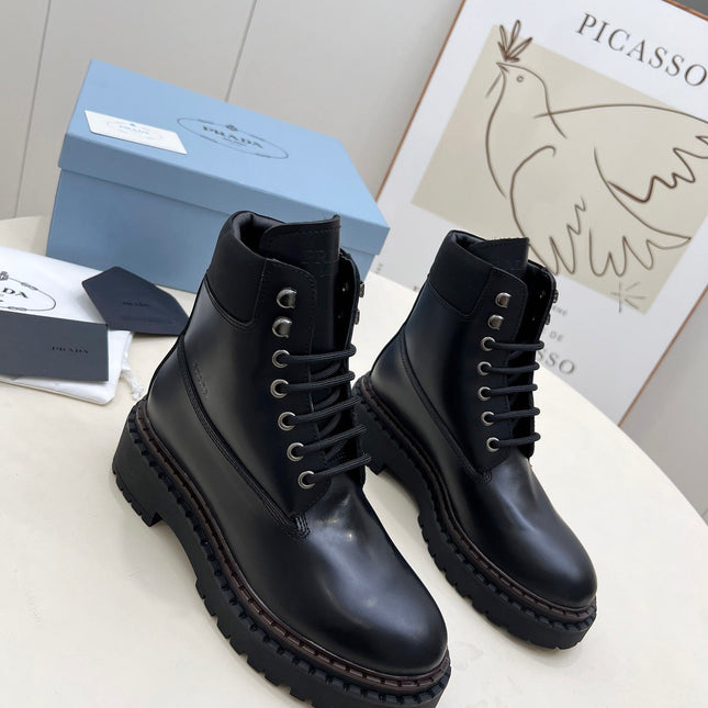 PRADA 25S LACE UP BOOTS BLACK GLOSSY CALFSKIN