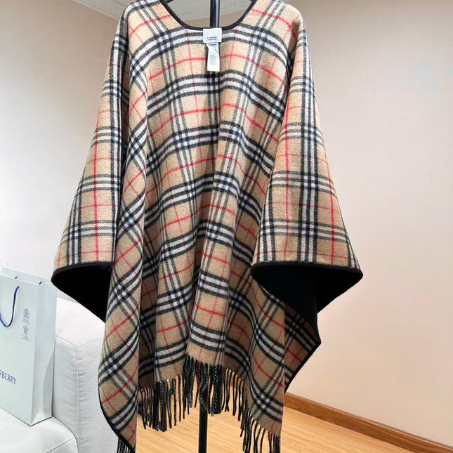 BURBERRY 26S REVERSIBLE CHECK FRINGED CAPE 150CM IN CASHMERE 309447
