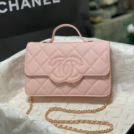 CHANEL 26S TOP HANDLE BAG 24 IN LIGHT PINK QUILTED CAVIAR LEATHER