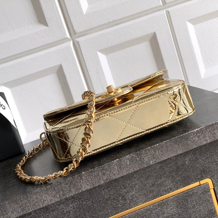 CHANEL 26S TOP HANDLE BAG 18 IN METALLIC GOLD QUILTED PATENT LEATHER