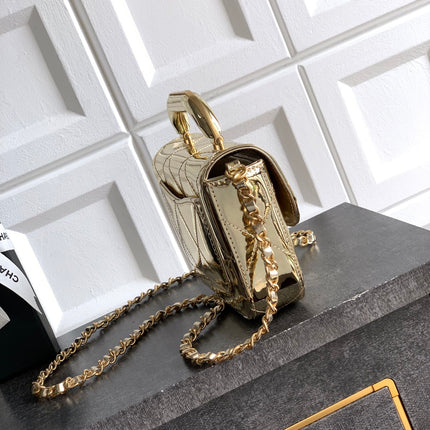 CHANEL 26S TOP HANDLE BAG 18 IN METALLIC GOLD QUILTED PATENT LEATHER