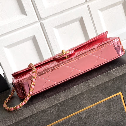 CHANEL 26S TOP HANDLE BAG 29 IN METALLIC PINK QUILTED PATENT LEATHER