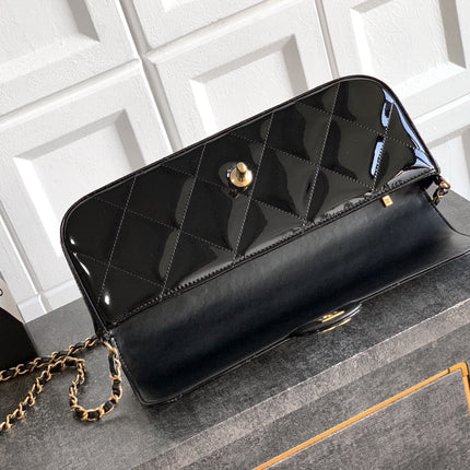 CHANEL 26S TOP HANDLE BAG 29 IN BLACK QUILTED PATENT LEATHER