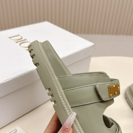 DIOR CLASSIC DOUBLE-STRAP SLIDES 25S IN LIGHT MOSS GREEN CALFSKIN