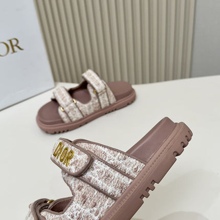 DIOR CLASSIC DOUBLE-STRAP SLIDES 25S IN ROSE BROWN TWEED AND CALFSKIN