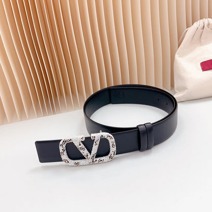 Vlogo Brown Black White Stone Silver Buckle Belt 40mm Black Leather