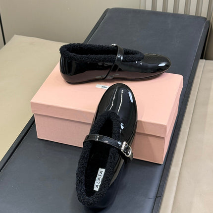 ALAIA 25S MARY JANE SHEARLING FLATS IN BLACK GLOSSY CALFSKIN