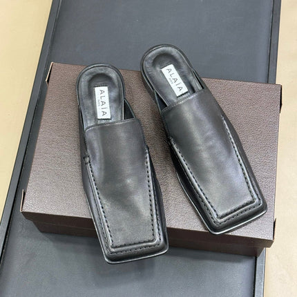 ALAIA 25S SQUARE LOAFER MULES IN BLACK CALFSKIN